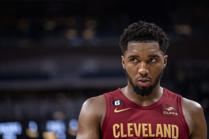 Dec. 29, 2022; Indianapolis, IN; Cleveland Cavaliers guard Donovan Mitchell (45) gets ready for a play Thursday, Dec. 29, 2022, at Gainbridge Fieldhouse in Indianapolis.  Mandatory Credit: Armond Feffer-USA TODAY NETWORK