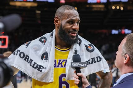 Dec 30, 2022; Atlanta, Georgia, USA; Los Angeles Lakers forward LeBron James (6) does an interview after a victory against the Atlanta Hawks at State Farm Arena. Mandatory Credit: Brett Davis-USA TODAY Sports