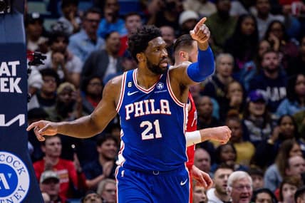 Dec 30, 2022; New Orleans, Louisiana, USA;  Philadelphia 76ers center Joel Embiid (21) gestures during the first half against the New Orleans Pelicans at Smoothie King Center. Mandatory Credit: Stephen Lew-USA TODAY Sports