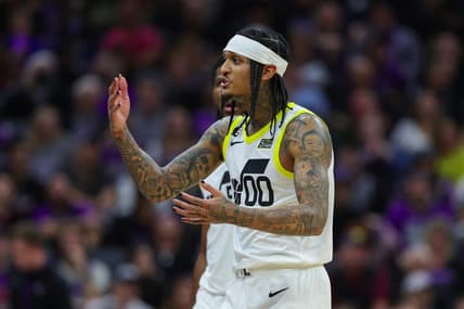 Dec 30, 2022; Sacramento, California, USA; Utah Jazz guard Jordan Clarkson (00) reacts after a play during the fourth quarter against the Sacramento Kings at Golden 1 Center. Mandatory Credit: Sergio Estrada-USA TODAY Sports
