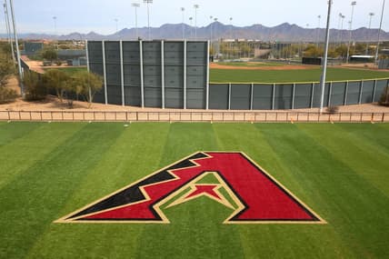 Feb 13, 2019; Scottsdale, AZ, USA; Arizona Diamondbacks logo is seen during the first day of spring training workouts at Salt River Fields. Mandatory Credit: Rob Schumacher/The Republic via USA TODAY NETWORK