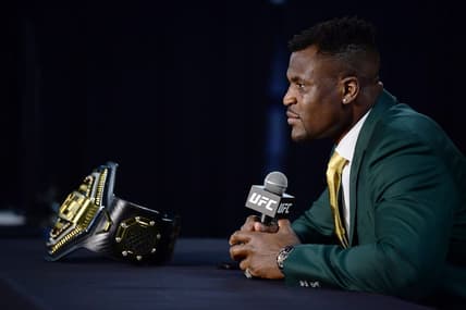 Jan 22, 2022; Anaheim, California, USA; Francis Ngannou speaks with media following his championship victory at UFC 270 at Honda Center. Mandatory Credit: Gary A. Vasquez-USA TODAY Sports