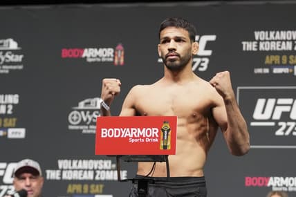 Apr 8, 2022; Jacksonville, FL, USA; Julio Arce on the scale during weigh ins for UFC 273 at VyStar Veterans Memorial Stadium. Mandatory Credit: David Yeazell-USA TODAY Sports