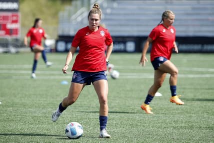 Jul 10, 2022; Leesburg, Virginia, USA;  Washington Spirit midfielder Jordan Baggett (11) warms up before the game against the Kansas City Current at Segra Field. Mandatory Credit: Amber Searls-USA TODAY Sports
