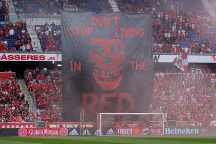 Jul 17, 2022; Harrison, New Jersey, USA; A banner is displayed before a match between the New York Red Bulls and the New York City at Red Bull Arena. Mandatory Credit: Brad Penner-USA TODAY Sports