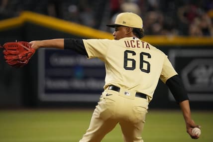 Jul 22, 2022; Phoenix, Arizona, USA; Arizona Diamondbacks relief pitcher Edwin Uceta (66) pitches against the Washington Nationals during the ninth inning at Chase Field. Mandatory Credit: Joe Camporeale-USA TODAY Sports