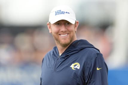 Jul 31, 2022; Irvine, CA, USA; Los Angeles Rams offensive coordinator Liam Coen during training camp at UC Irvine. Mandatory Credit: Kirby Lee-USA TODAY Sports