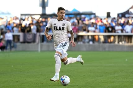 Aug 20, 2022; San Jose, California, USA; Los Angeles FC defender Franco Escobar (2) dribbles against the San Jose Earthquakes during the first half at PayPal Park. Mandatory Credit: Darren Yamashita-USA TODAY Sports