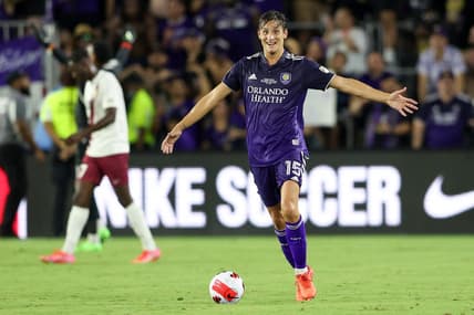 Sep 7, 2022; Orlando, Florida, US;   Orlando City defender Rodrigo Schlegel (15) celebrates after beating Sacramento Republic in the US Open Cup Final at Exploria Stadium. Mandatory Credit: Nathan Ray Seebeck-USA TODAY Sports