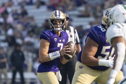 Sep 10, 2022; Seattle, Washington, USA; Washington Huskies quarterback Sam Huard (7) looks to pass during the second half against the Portland State Vikings at Alaska Airlines Field at Husky Stadium. Mandatory Credit: Stephen Brashear-USA TODAY Sports