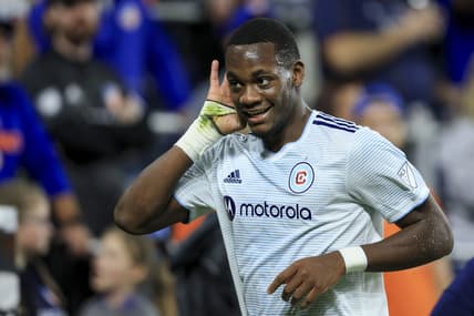 Oct 1, 2022; Cincinnati, Ohio, USA;  Chicago Fire forward Jhon Duran (left) celebrates scoring a goal against FC Cincinnati in the second half at TQL Stadium. Mandatory Credit: Aaron Doster-USA TODAY Sports