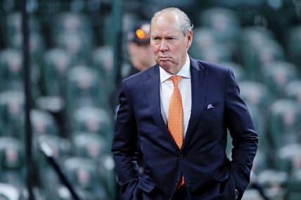 Oct 11, 2022; Houston, Texas, USA; Houston Astros owner Jim Crane looks on during batting practice before game one of the ALDS for the 2022 MLB Playoffs against the Seattle Mariners at Minute Maid Park. Mandatory Credit: Erik Williams-USA TODAY Sports