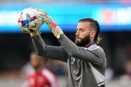 Oct 1, 2022; San Jose, California, USA; San Jose Earthquakes goalkeeper Matt Bersano (12) warms up before the game against the Minnesota United at PayPal Park. Mandatory Credit: Darren Yamashita-USA TODAY Sports