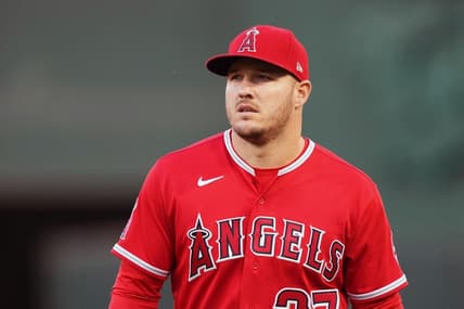 Oct 3, 2022; Oakland, California, USA; Los Angeles Angels center fielder Mike Trout (27) before the game against the Oakland Athletics at RingCentral Coliseum. Mandatory Credit: Darren Yamashita-USA TODAY Sports