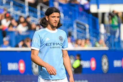 Oct 23, 2022; Montreal, Quebec, Canada; New York City FC midfielder Justin Haak (80) against CF Montreal during the second half of the conference semifinals for the Audi 2022 MLS Cup Playoffs at Stade Saputo. Mandatory Credit: David Kirouac-USA TODAY Sports