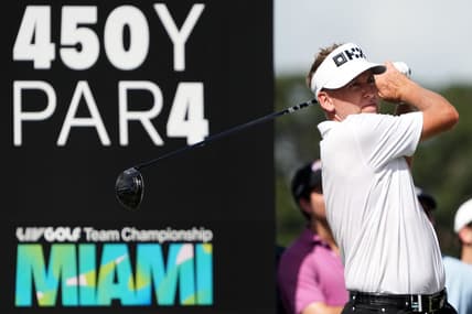 Oct 29, 2022; Miami, Florida, USA; Ian Poulter tees off on the 17th hole during the second round of the season finale of the LIV Golf series at Trump National Doral. Mandatory Credit: Jasen Vinlove-USA TODAY Sports