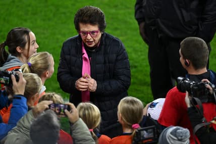 Oct 29, 2022; Washington, D.C., USA; Billie Jean King reacts with fans before the game between Kansas City Current and Portland Thorns FC at Audi Field. Mandatory Credit: Tommy Gilligan-USA TODAY Sports