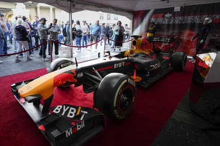 Nov 5, 2022; Las Vegas, Nevada, USA; Race fans view a car during the Formula One Las Vegas Grand Prix Launch Party at Las Vegas Strip. Mandatory Credit: Ray Acevedo-USA TODAY Sports