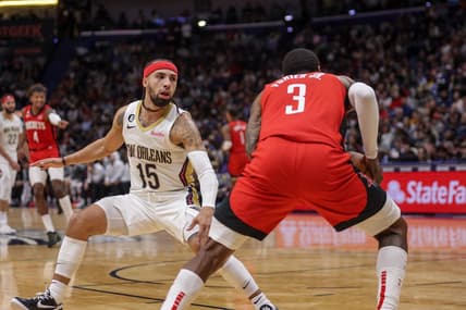 Nov 12, 2022; New Orleans, Louisiana, USA;  New Orleans Pelicans guard Jose Alvarado (15) guards Houston Rockets guard Kevin Porter Jr. (3) during the second half at Smoothie King Center. Mandatory Credit: Stephen Lew-USA TODAY Sports