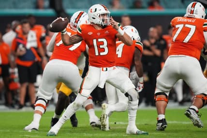 Nov 26, 2022; Miami Gardens, Florida, USA; Miami Hurricanes quarterback Jake Garcia (13) attempts a pass against the Pittsburgh Panthers during the second half at Hard Rock Stadium. Mandatory Credit: Jasen Vinlove-USA TODAY Sports