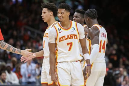 Dec 2, 2022; Atlanta, Georgia, USA; Atlanta Hawks guard Jarrett Culver (7) reacts against the Denver Nuggets in the second half at State Farm Arena. Mandatory Credit: Brett Davis-USA TODAY Sports