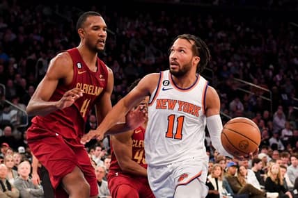 Dec 4, 2022; New York, New York, USA; New York Knicks guard Jalen Brunson (11) drives to the basket on Cleveland Cavaliers forward Evan Mobley (4) during the fourth quarter at Madison Square Garden. Mandatory Credit: Dennis Schneidler-USA TODAY Sports
