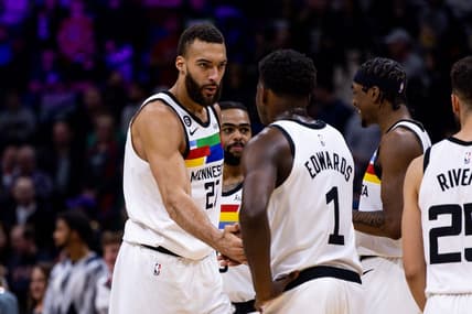 Dec 28, 2022; New Orleans, Louisiana, USA; Minnesota Timberwolves center Rudy Gobert (27) slaps hands with guard Anthony Edwards (1) against the New Orleans Pelicans during the first half at Smoothie King Center. Mandatory Credit: Stephen Lew-USA TODAY Sports