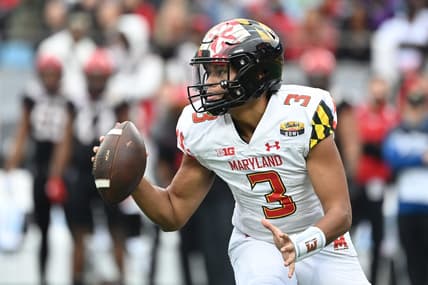 Dec 30, 2022; Charlotte, NC, USA; Maryland Terrapins quarterback Taulia Tagovailoa (3) looks to pass in the second quarter in the 2022 Duke's Mayo Bowl at Bank of America Stadium. Mandatory Credit: Bob Donnan-USA TODAY Sports