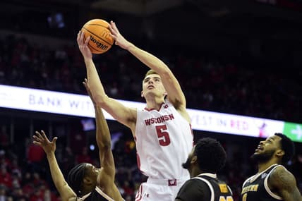 Dec 30, 2022; Madison, Wisconsin, USA; Wisconsin Badgers forward Tyler Wahl (5) shoots against the Western Michigan Broncos during the second half at the Kohl Center. Mandatory Credit: Kayla Wolf-USA TODAY Sports
