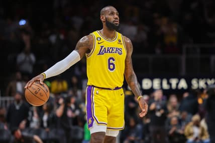 Dec 30, 2022; Atlanta, Georgia, USA; Los Angeles Lakers forward LeBron James (6) shoots against the Atlanta Hawks in the second half at State Farm Arena. Mandatory Credit: Brett Davis-USA TODAY Sports