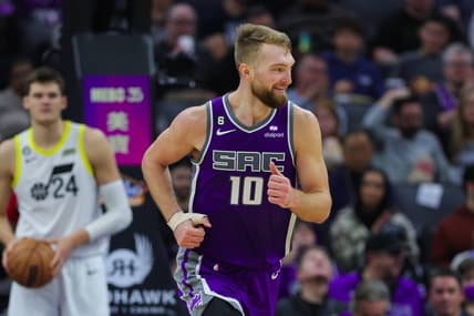Dec 28, 2022; Sacramento, California, USA; Sacramento Kings forward Domantas Sabonis (10) runs up the court during the third quarter against the Utah Jazz at Golden 1 Center. Mandatory Credit: Sergio Estrada-USA TODAY Sports