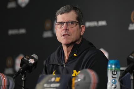 Dec 31, 2022; Glendale, Arizona, USA; Michigan Wolverines head coach Jim Harbaugh speaks to the media after the 2022 Fiesta Bowl won by the TCU Horned Frogs, 51-45, at State Farm Stadium. Mandatory Credit: Kirby Lee-USA TODAY Sports