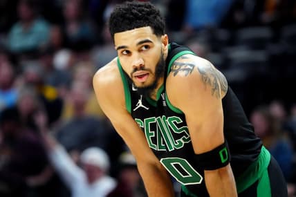 Jan 1, 2023; Denver, Colorado, USA; Boston Celtics forward Jayson Tatum (0) during the second quarter against the Denver Nuggets at Ball Arena. Mandatory Credit: Ron Chenoy-USA TODAY Sports