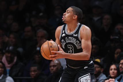 Jan 2, 2023; Brooklyn, New York, USA; San Antonio Spurs forward Keldon Johnson (3) shoots a three point basket during the first half against the Brooklyn Nets at Barclays Center. Mandatory Credit: Vincent Carchietta-USA TODAY Sports