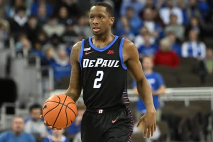 Dec 25, 2022; Omaha, Nebraska, USA;  DePaul Blue Demons guard Umoja Gibson (2) dribbles against the Creighton Bluejays in the first half at CHI Health Center Omaha. Mandatory Credit: Steven Branscombe-USA TODAY Sports