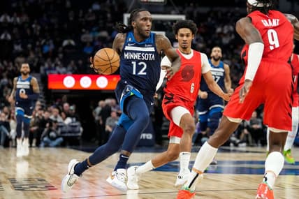 Jan 4, 2023; Minneapolis, Minnesota, USA; Minnesota Timberwolves forward Taurean Prince (12) drives to the basket during the second quarter against the Portland Trail Blazers at Target Center. Mandatory Credit: Brace Hemmelgarn-USA TODAY Sports