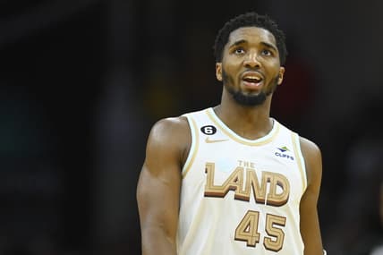 Jan 4, 2023; Cleveland, Ohio, USA; Cleveland Cavaliers guard Donovan Mitchell (45) reacts in the third quarter against the Phoenix Suns at Rocket Mortgage FieldHouse. Mandatory Credit: David Richard-USA TODAY Sports