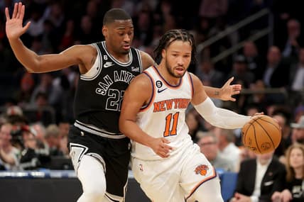 Jan 4, 2023; New York, New York, USA; New York Knicks guard Jalen Brunson (11) controls the ball against San Antonio Spurs guard Malaki Branham (22) during the fourth quarter at Madison Square Garden. Mandatory Credit: Brad Penner-USA TODAY Sports