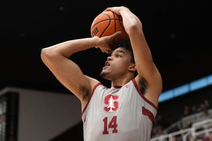 Dec 31, 2022; Stanford, California, USA; Stanford Cardinal forward Spencer Jones (14) shoots against the Utah Utes during the first half at Maples Pavilion. Mandatory Credit: Darren Yamashita-USA TODAY Sports