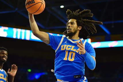 Jan 5, 2023; Los Angeles, California, USA; UCLA Bruins guard Tyger Campbell (10) gets during the second half at Pauley Pavilion. Mandatory Credit: Gary A. Vasquez-USA TODAY Sports