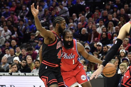 Jan 6, 2023; Philadelphia, Pennsylvania, USA; Philadelphia 76ers guard James Harden (1) drives to the basket Chicago Bulls forward Patrick Williams (44) during the first quarter at Wells Fargo Center. Mandatory Credit: Eric Hartline-USA TODAY Sports