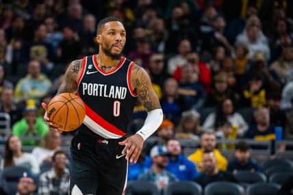 Jan 6, 2023; Indianapolis, Indiana, USA; Portland Trail Blazers guard Damian Lillard (0) dribbles the ball in the second half against the Indiana Pacers at Gainbridge Fieldhouse. Mandatory Credit: Trevor Ruszkowski-USA TODAY Sports