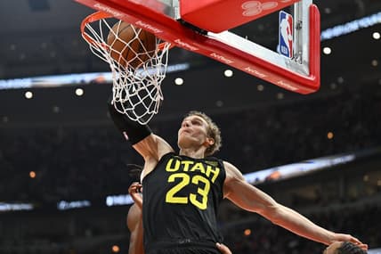 Jan 7, 2023; Chicago, Illinois, USA; Utah Jazz forward Lauri Markkanen (23) dunks the ball in the first half against the Chicago Bulls at United Center. Mandatory Credit: Jamie Sabau-USA TODAY Sports