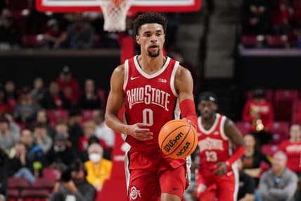 Jan 8, 2023; College Park, Maryland, USA; Ohio State Buckeyes guard Tanner Holden (0) dribbles the ball in the first half in a game against the Maryland Terrapins at Xfinity Center. Mandatory Credit: Brent Skeen-USA TODAY Sports
