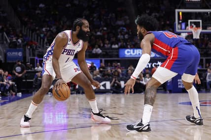 Jan 8, 2023; Detroit, Michigan, USA;  Philadelphia 76ers guard James Harden (1) dribbles defended by Detroit Pistons forward Saddiq Bey (41) in the first half at Little Caesars Arena. Mandatory Credit: Rick Osentoski-USA TODAY Sports
