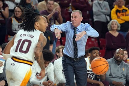 Jan 8, 2023; Tempe, Arizona, USA; Arizona State Sun Devils head coach Bobby Hurley reacts while Arizona State Sun Devils guard Frankie Collins (10) dribbles the ball against the Washington Huskies during the first half at Desert Financial Arena. Mandatory Credit: Joe Camporeale-USA TODAY Sports
