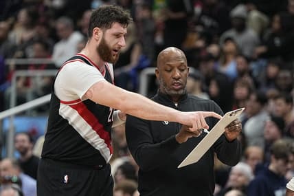 Jan 8, 2023; Toronto, Ontario, CAN; Portland Trail Blazers center Jusuf Nurkic (27) and head coach Chauncey Billups discuss a play against the Toronto Raptors at Scotiabank Arena. Mandatory Credit: John E. Sokolowski-USA TODAY Sports