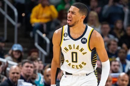 Jan 8, 2023; Indianapolis, Indiana, USA; Indiana Pacers guard Tyrese Haliburton (0) reacts to a made basket in the second half  against the Charlotte Hornets at Gainbridge Fieldhouse. Mandatory Credit: Trevor Ruszkowski-USA TODAY Sports