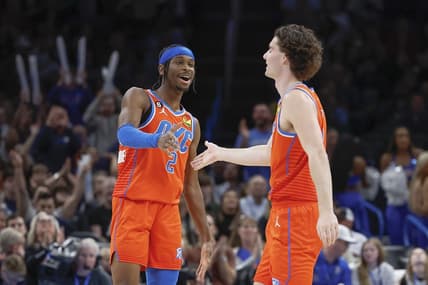 Jan 8, 2023; Oklahoma City, Oklahoma, USA; Oklahoma City Thunder guard Shai Gilgeous-Alexander (2) and Oklahoma City Thunder guard Josh Giddey (3) celebrate after scoring against the Dallas Mavericks during the second half at Paycom Center. Mandatory Credit: Alonzo Adams-USA TODAY Sports