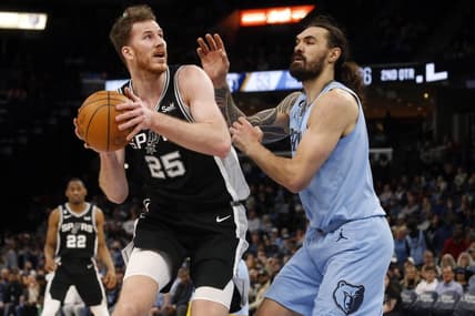 Jan 9, 2023; Memphis, Tennessee, USA; San Antonio Spurs center Jakob Poeltl (25) spins toward the basket as Memphis Grizzlies center Steven Adams (4) defends during the first half at FedExForum. Mandatory Credit: Petre Thomas-USA TODAY Sports
